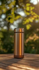 A sleek metal thermos sits on a wooden table, surrounded by a lush, sunlit environment.