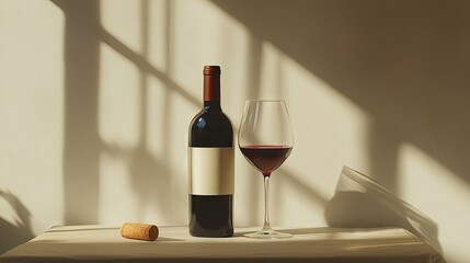 A classic wine bottle with a cork beside a half-full glass of red wine, with minimalistic lighting and shadows