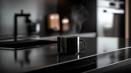 A close-up of a steaming black coffee mug on a sleek black counter, with faint reflections and warm steam visible