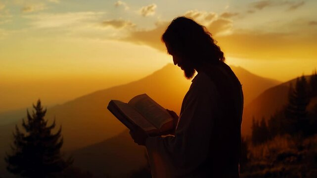 Silhouette of jesus preaching at sunset on a mountain, embodying the essence of gospel teachings

