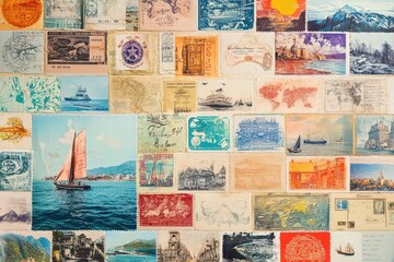 A Colorful Collage of Vintage Stamps and Postcards