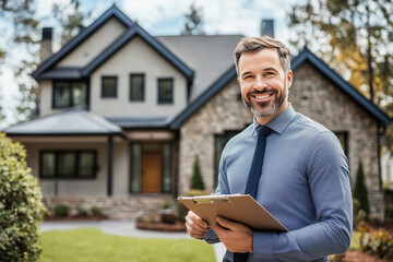 Estate agent holding a clipboard and smiling in front of a beautiful house. Generative AI