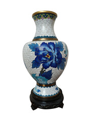 Decorative ceramic vase with blue floral design isolated on white