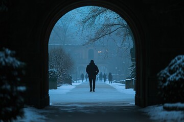 Silhouetted figure walks through snowy archway, surrounded by se