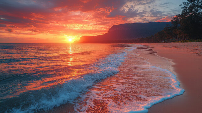 Breathtaking beachside sunset with gentle waves rolling in