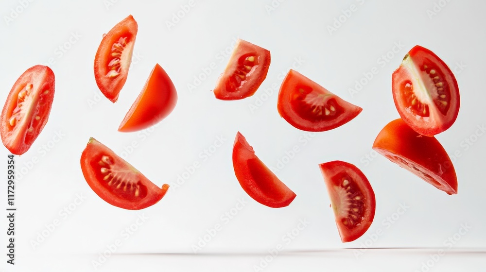 Poster suspended in mid air, several slices of juicy red tomatoes create a vibrant and dynamic visual again