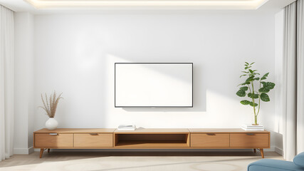 Mockup minimalist a cabinet television wall mounted with decoration in living room and white wall. Generative AI