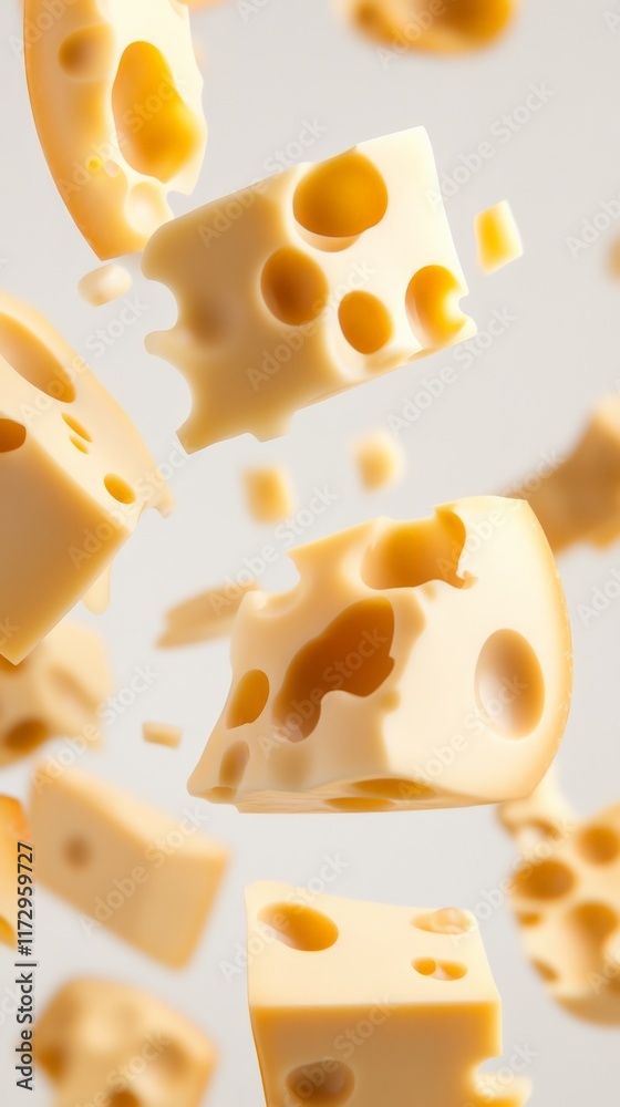 Poster Floating pieces of swiss cheese of varying sizes against a blurred white background create a dynamic composition highlighting the texture and holes of this dairy favorite