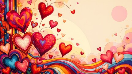 Obraz premium A vibrant illustration of a whimsical landscape filled with colorful, patterned hearts, wavy lines, and abstract shapes, creating a joyful and celebratory atmosphere