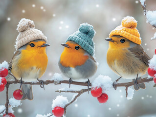 Fototapeta premium Three birds wearing winter hats, sitting on snow-covered branches, a charming photo with vibrant, colorful, and adorable details. The beautiful background creates a stunning, high-