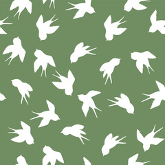 Seamless pattern with swallow silhouette on color background. Cute bird in flight. Vector illustration. Doodle style. Design for invitation, poster, card, fabric, textile.