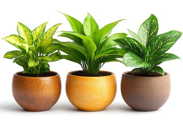 Obraz premium Three potted plants with vibrant green leaves in decorative pots