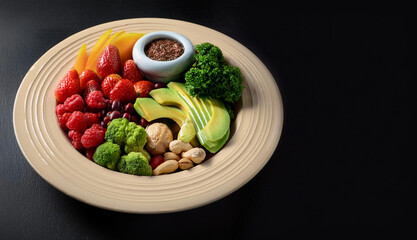 A vibrant depiction of a healthy meal showcasing a colorful plate of fresh fruits, vegetables, grains, and protein, emphasizing the connection between food and well-being. This image represents mindfu