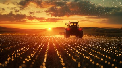 Fototapeta premium Futuristic farming: A tractor navigating through a digitally enhanced field at sunset