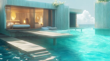 Obraz premium A luxury Maldivian overwater bungalow with a private deck leading into the ocean, perfect for a tropical getaway.