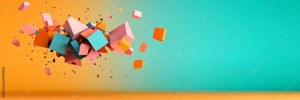 Aufkleber Abstract composition featuring colorful cubes exploding and levitating on a vibrant gradient background, creating a dynamic and visually appealing scene with copy space
