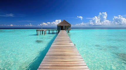 Obraz premium A luxury villa in the Maldives with panoramic views of the ocean and a private pool overlooking the water.