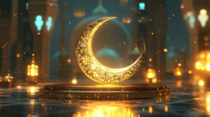 A glowing crescent moon sculpture surrounded by warm lights in an ornate setting.