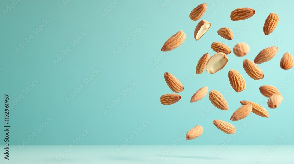 Aufkleber Many shelled almonds and some opened almonds are levitating on a light blue background with copy space, creating a visually appealing and dynamic scene