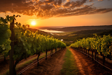 Naklejka premium Aesthetically Captivating Vineyard: The Majestic Domain of Grapevines Under the Warm Hues of the Setting Sun
