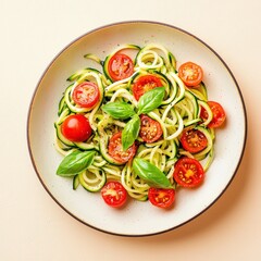 Plate of zoodles (zucchini noodles) with cherry tomatoes and basil, beige background