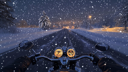 riding a motor during winter in the road during midnight with a eye-level angle 