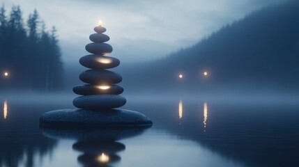 Obraz premium A meditation-inspired scene of stacked pebbles with radiant reflections, set on a peaceful beach at twilight.