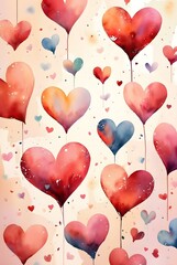A watercolor painting depicting a field of colorful heart-shaped flowers blooming in a vibrant garden.