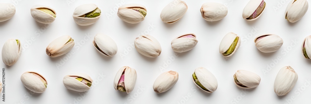 Aufkleber Many pistachios with open shells arranged on a white background creating a seamless pattern, perfect for food backgrounds or healthy eating concepts