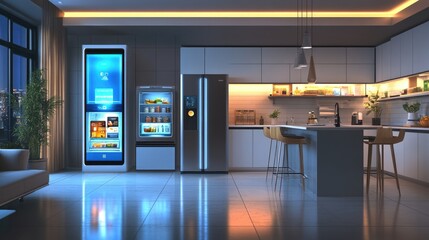 Futuristic smart refrigerator in a modern kitchen at evening