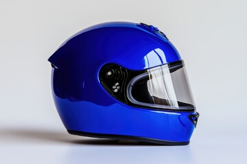 Glossy Blue Motorcycle Helmet Side View on White Background