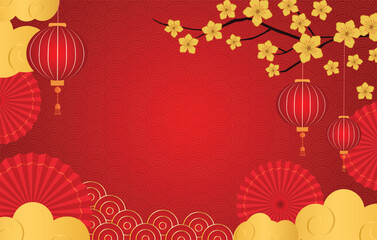Chinese New Year background with lanterns, clouds, flower