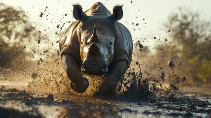 running rhino during mid-day in a mudpool with a low Angle 