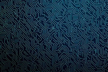 Obraz premium Abstract close-up of a glowing blue digital circuit board, showcasing intricate connections and technological design on a black background. 