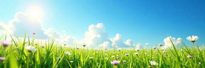 Fototapeta premium Dew-kissed grass and wildflowers under a vast blue sky, blue sky, fresh
