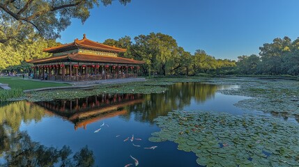 Obraz premium Serene pavilion reflected in calm pond, surrounded by lush greenery and vibrant koi fish.