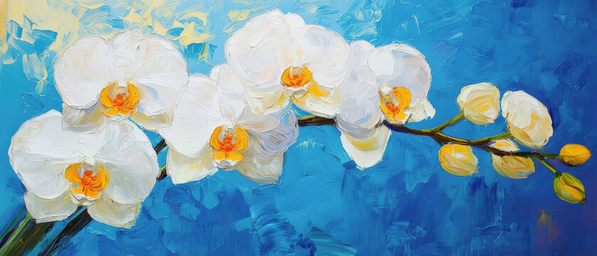 Hermosa pintura al oleo de una planta de orquideas primaverales blancas y amarillas sobre fondo azul con trazos gruesos