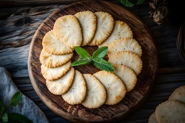 Figs newton cookies arranged in a circle with wooden background.