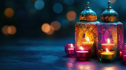 Illuminated lanterns and candles on dark background.