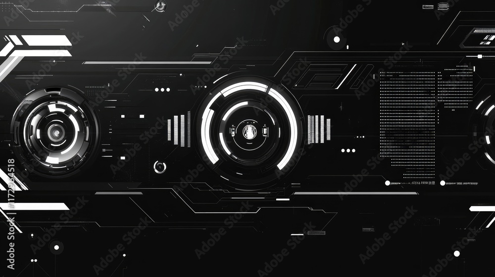Fototapete Futuristic web banner collection in high tech style. Web header with HUD graphics elements and place for text. Black and white colors.