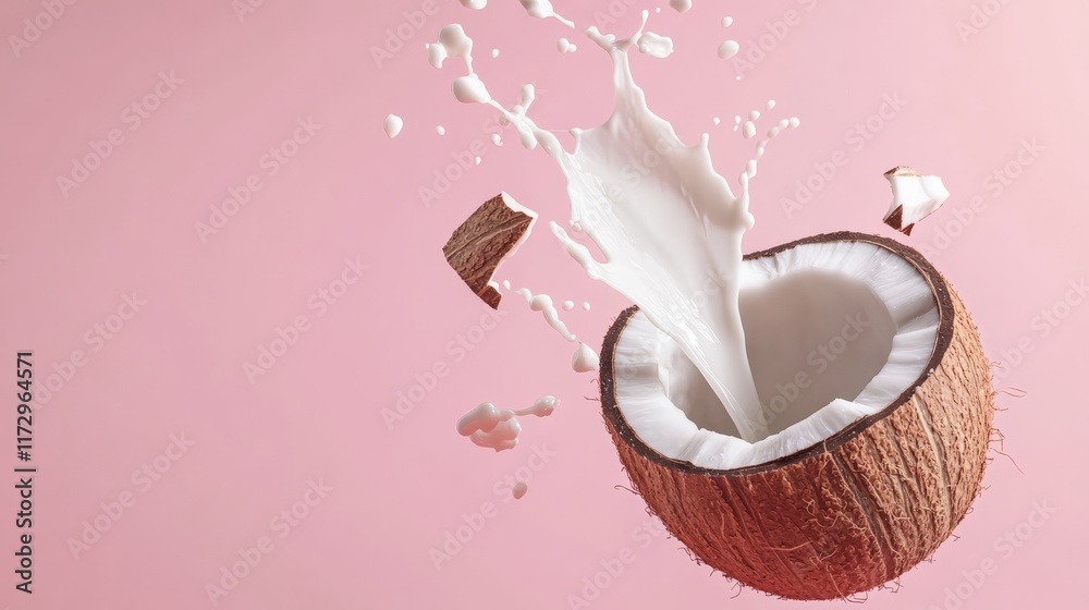 Aufkleber Coconut milk is splashing from a levitating coconut half, creating a dynamic visual with pieces of coconut also suspended in the air against a vibrant pink backdrop