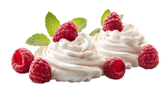 meringue dessert topped with three red raspberries and fresh green mint leaves isolated on white transparent background - Powered by Adobe