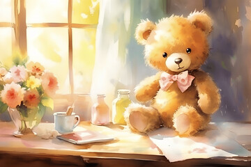 teddy bear and gift watercolor