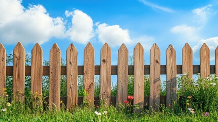 Fototapeta premium Garden fence with green grass and blue sky at summer day, Wooden fence to protect the backyard