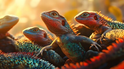 Fototapeta premium A group of colorful lizards basking in warm sunlight, showcasing their vibrant scales.