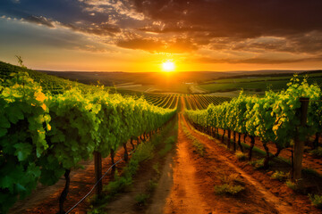 Naklejka premium Aesthetically Captivating Vineyard: The Majestic Domain of Grapevines Under the Warm Hues of the Setting Sun