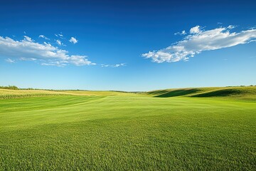 Obraz premium Sprawling green landscape under bright blue sky with fluffy clou