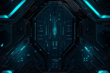 Abstract close-up of a glowing blue digital circuit board, showcasing intricate connections and technological design on a black background.
