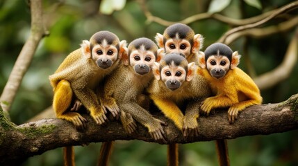 Obraz premium A group of five monkeys sitting together on a branch in a lush environment.