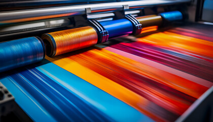 streifenartige Farbfläche blau rot gelb und Druckwalzen, die frische Tinte auf Papier auftragen, fotorealistische Illustration